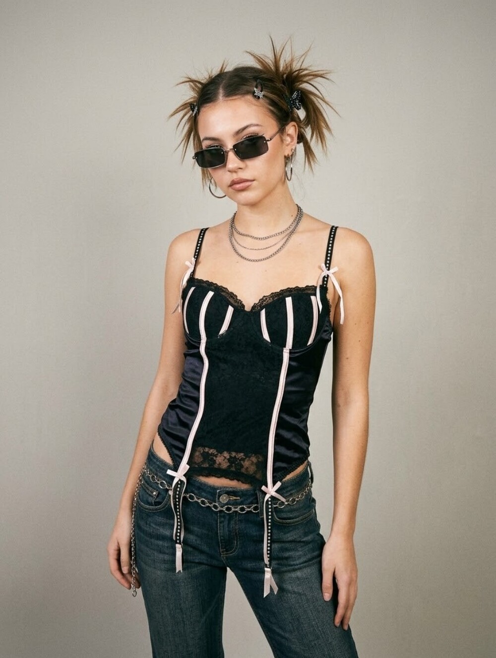 Black Lace Bustier Top with Pink Trim